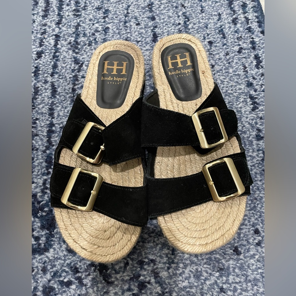 Haute Hippie Black and Gold Espadrille Sandals